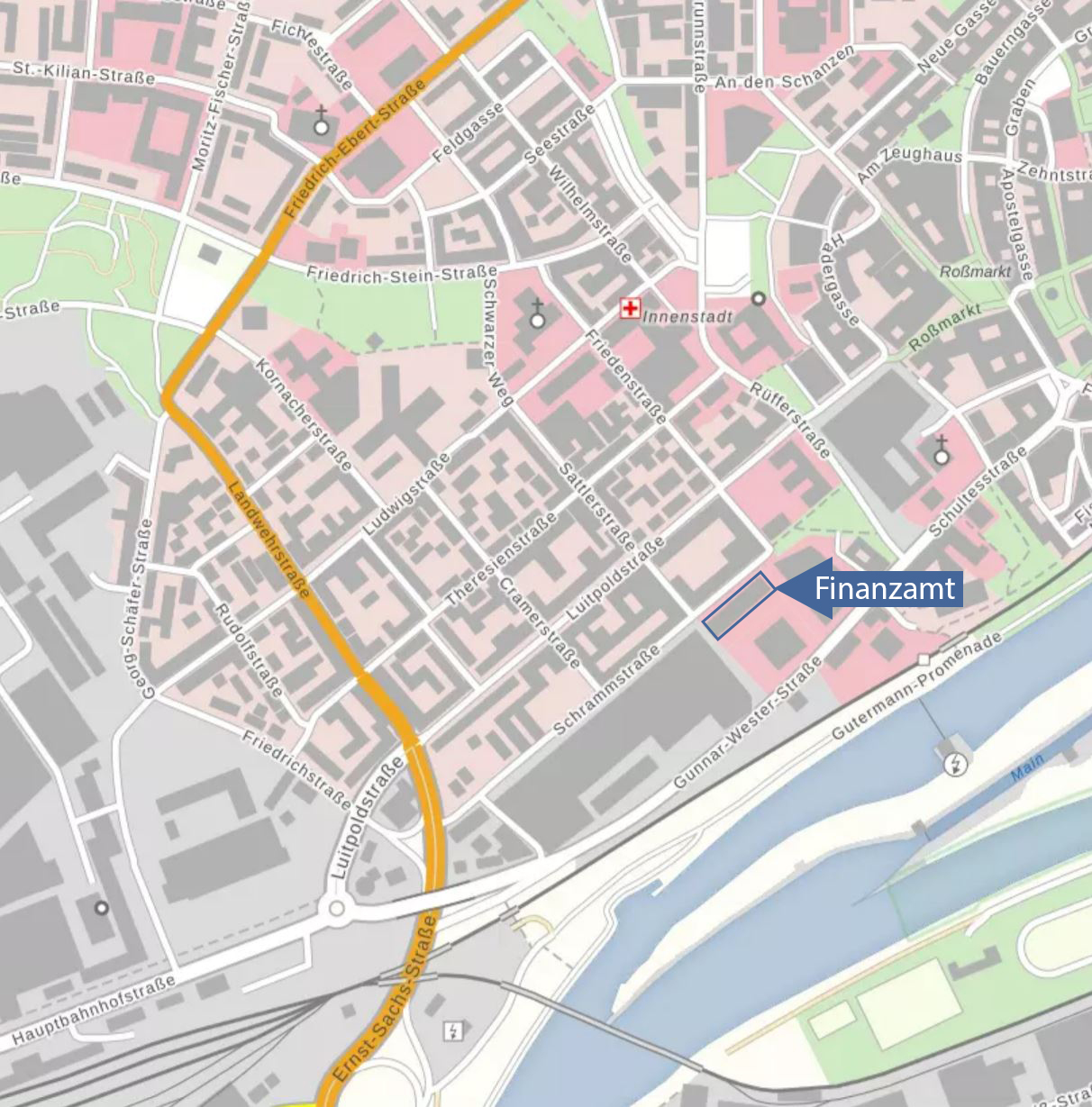  Stadtplan mit Markierung des Finanzamts Schweinfurt, Schrammstraße 3